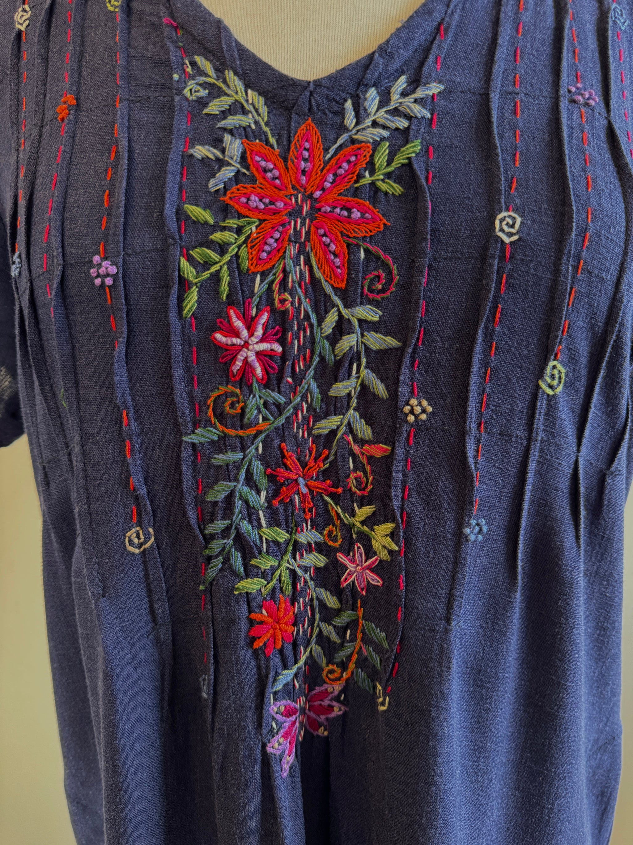 Linda Navy Hand Embroidered linen Dress