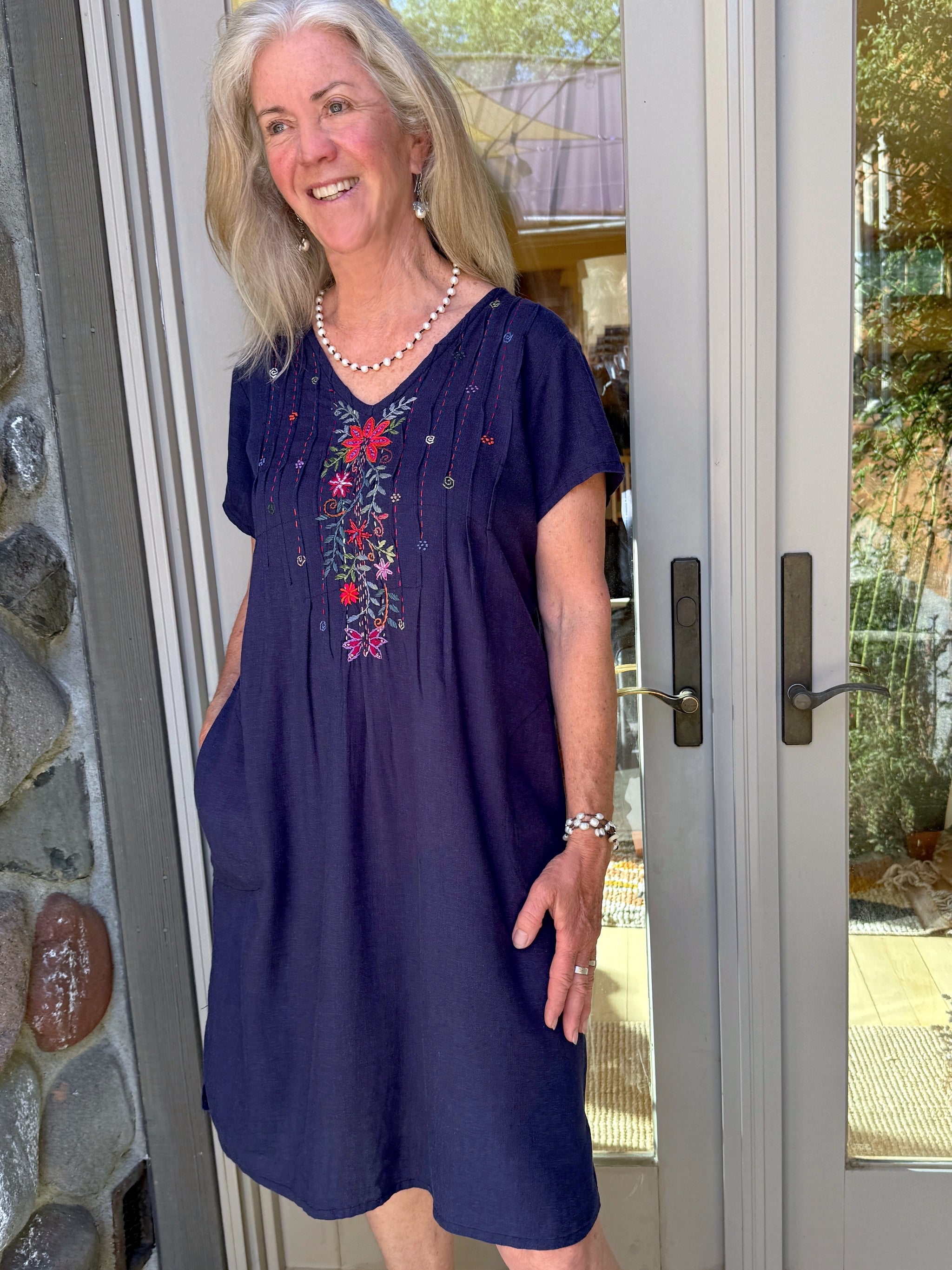 Linda Navy Hand Embroidered linen Dress