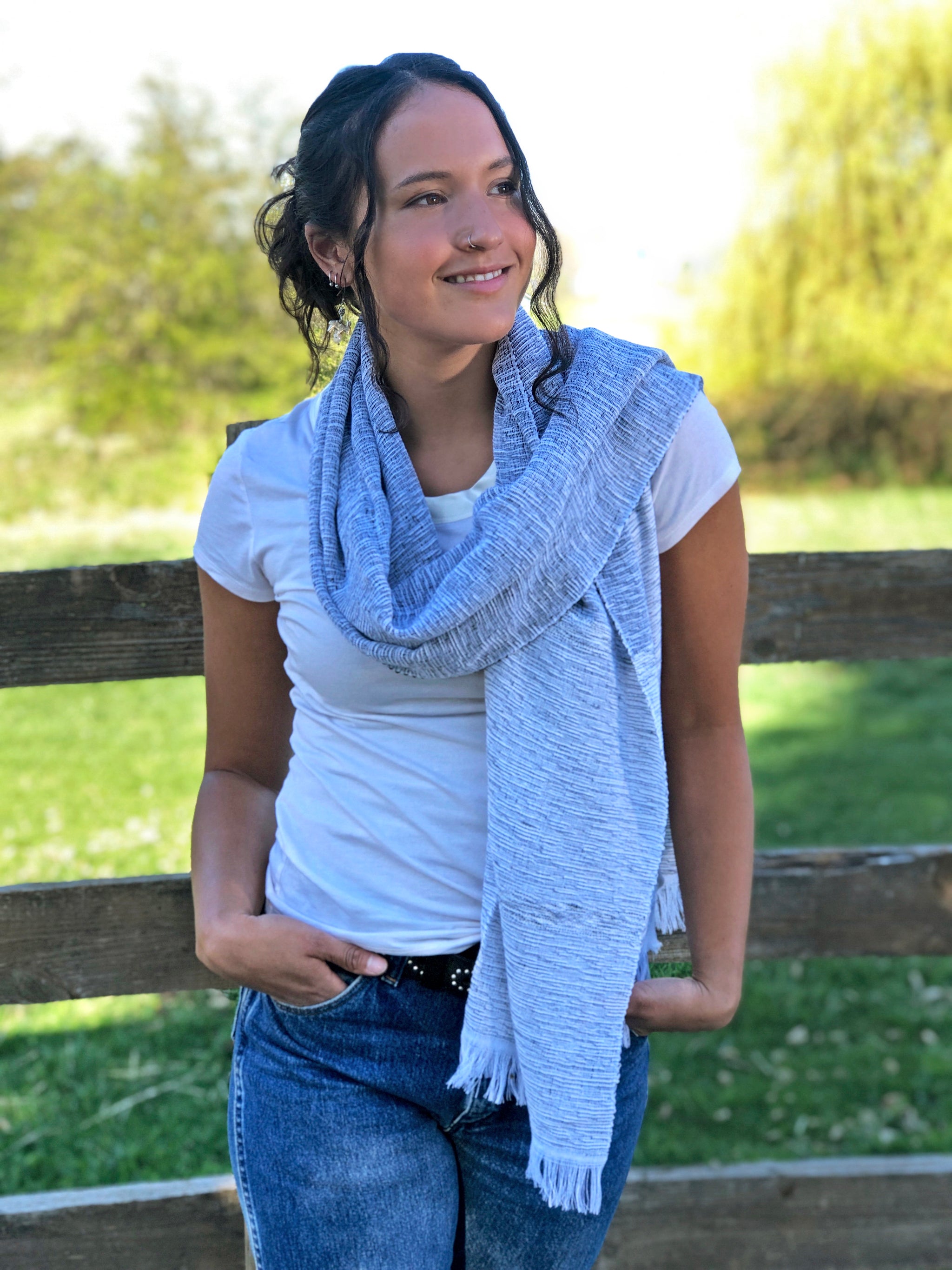 gray white scarf, hand woven scarf, Mexican scarf, Oaxaca scarf, neutral cotton scarf
