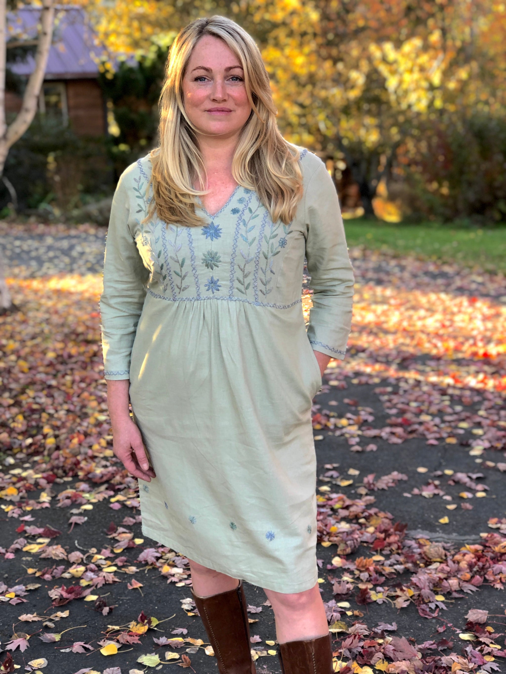 Embroidered sage dress, fair trade dress, long sleeved embroidered dress, XXL embroidered dress, 