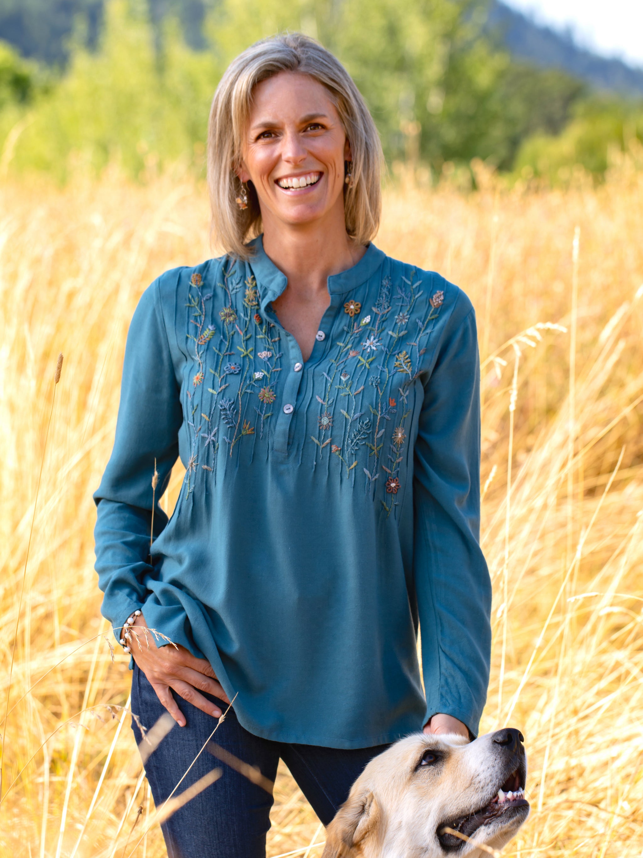 Teal embroidered tunic. Hand embroidered teal blouse, Abrazo Style hand embroidered blouse